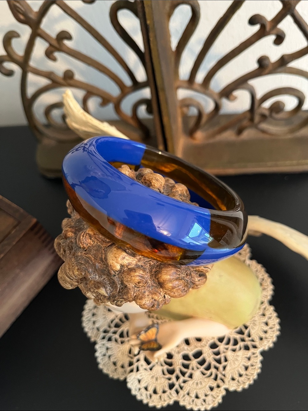 Gorgeous Two-Tone Resin Bangle Bracelet in Cobalt Blue and Amber